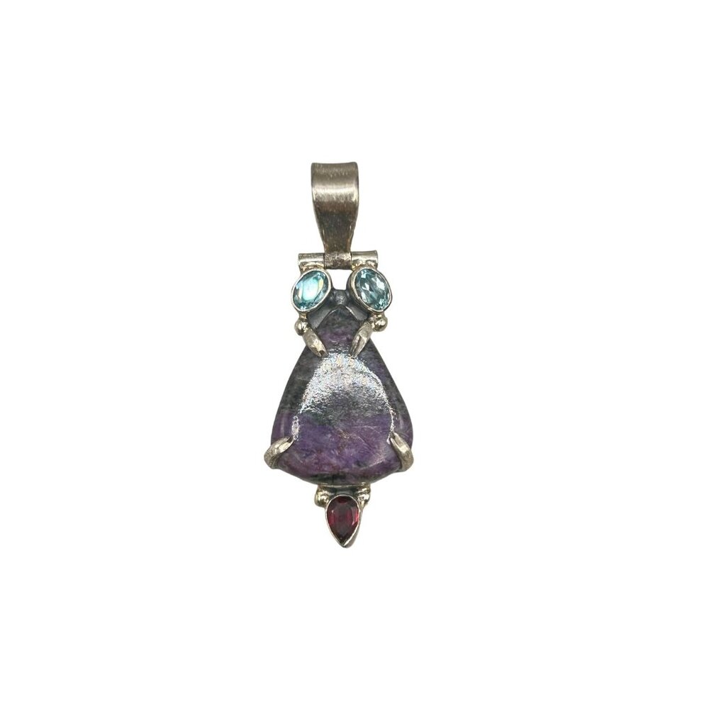 Handcrafted Silver 925 Pendant Semi Precious Stones Charoite Topaz & Garnet
